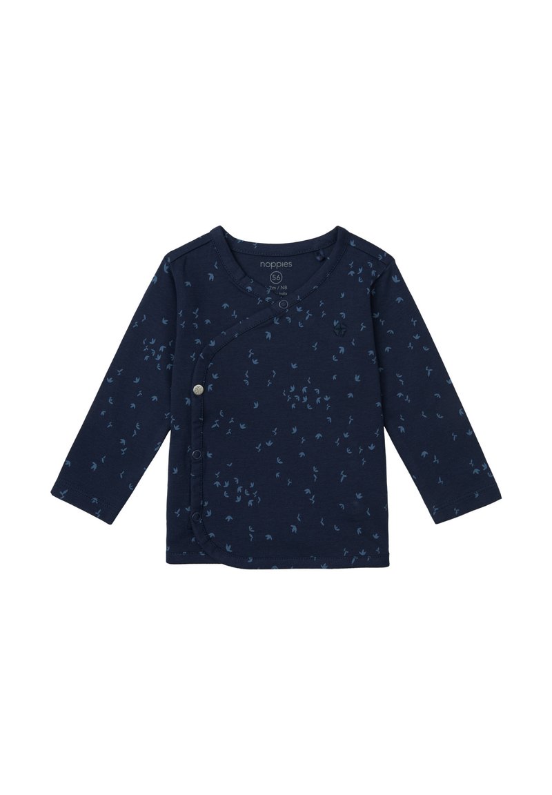 Marineblauwe langwerpige babywraptop van zacht katoen, met een vogelpatroon in lichter blauw. Drukknoopsluiting aan de voorkant, afgeronde zoom.