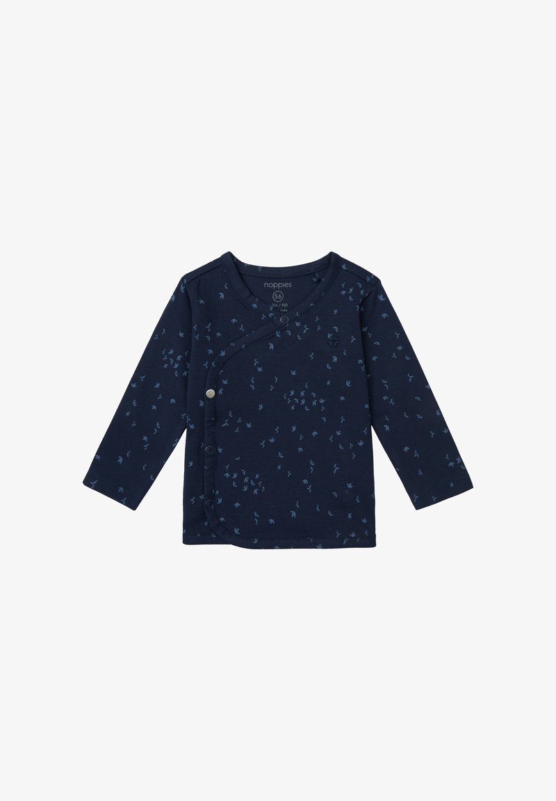 Marineblaues Langarm-Babywickeloberteil aus weicher Baumwolle, mit einem Vogelmuster in hellerem Blau. Druckknopfverschluss an der Vorderseite, abgerundeter Saum.