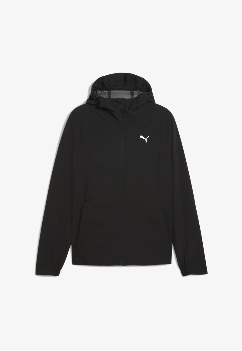 Black windbreaker jacket with a hood, featuring a front zipper, elastic cuffs, and a white logo on the chest. Smooth fabric texture.