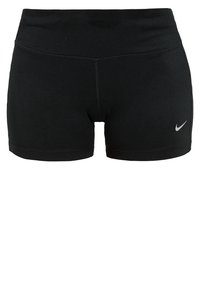 Shorts de sport noirs en tissu extensible, avec une large ceinture et un petit logo Nike argenté sur le côté inférieur gauche.