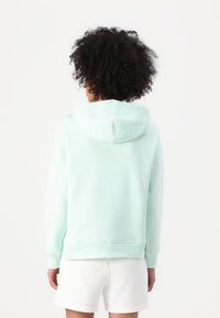 Mintgroene hoodie met een trekkoordcapuchon, ribgebreide manchetten en zoom, zachte katoen materiaal en een ontspannen pasvorm. Draagt met witte shorts.