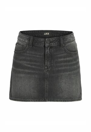 Mini-jupe en denim noir délavé avec boutons sur le devant, fermeture éclair, passants pour ceinture et poches avant, étiquette JJXX à l'intérieur de la ceinture.