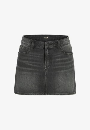 Mini-jupe en denim noir délavé avec boutons sur le devant, fermeture éclair, passants pour ceinture et poches avant, étiquette JJXX à l'intérieur de la ceinture.