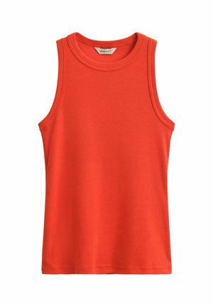 Felrode mouwloze geribde tanktop met ronde hals en klein merkembleem aan de binnenkant van de kraag.