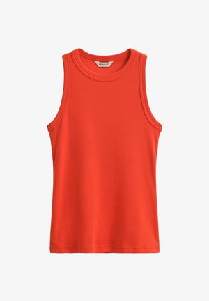 Canotta rossa brillante senza maniche con lavorazione a coste, scollo rotondo e piccola etichetta del marchio cucita all'interno del colletto.