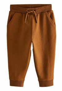 Braune Sweatpants für Kleinkinder mit elastischem Bund, Kordelzug, Seitentaschen und gerippten Bündchen.