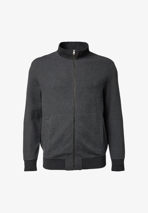 Grijze jas met rits, voorzien van een gestructureerd patroon, hoge kraag, geribbelde manchetten en zoom, gemaakt van een zachte gebreide stof.