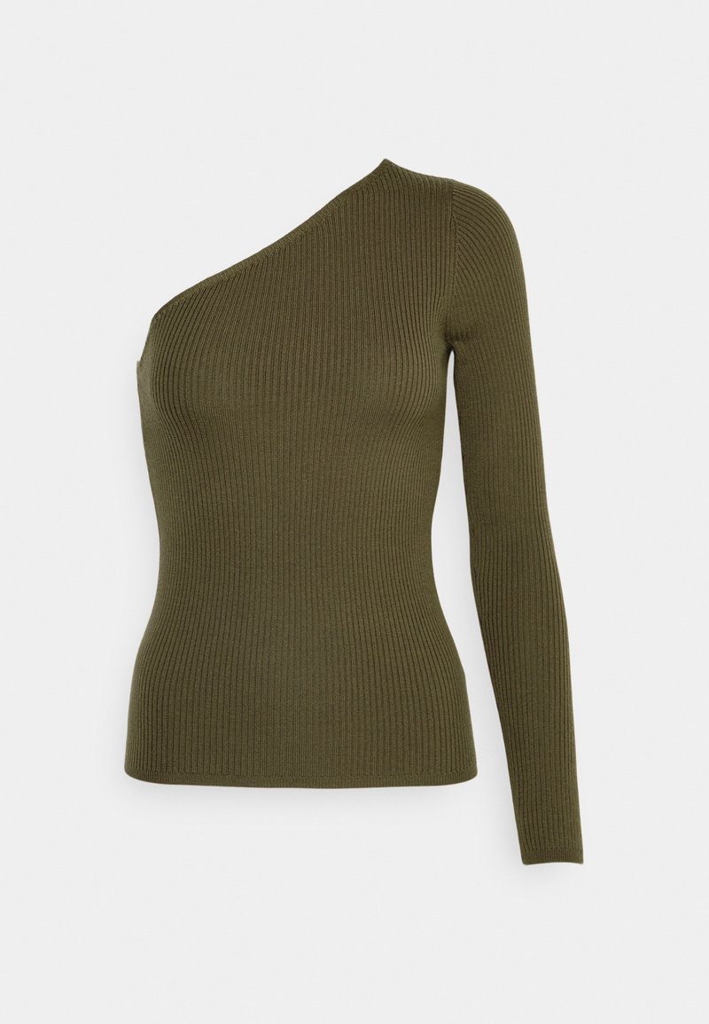 Pull en maille côtelée vert olive avec une manche longue et une épaule dénudée, silhouette ajustée.