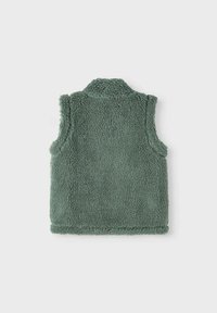 Vihreä fleece-liivi, jossa on korkea kaulus, hihaton muotoilu ja tekstuuri, joka on pehmeä ja pörröinen. Takana ei näy näkyviä kiinnityksiä tai koristeita.