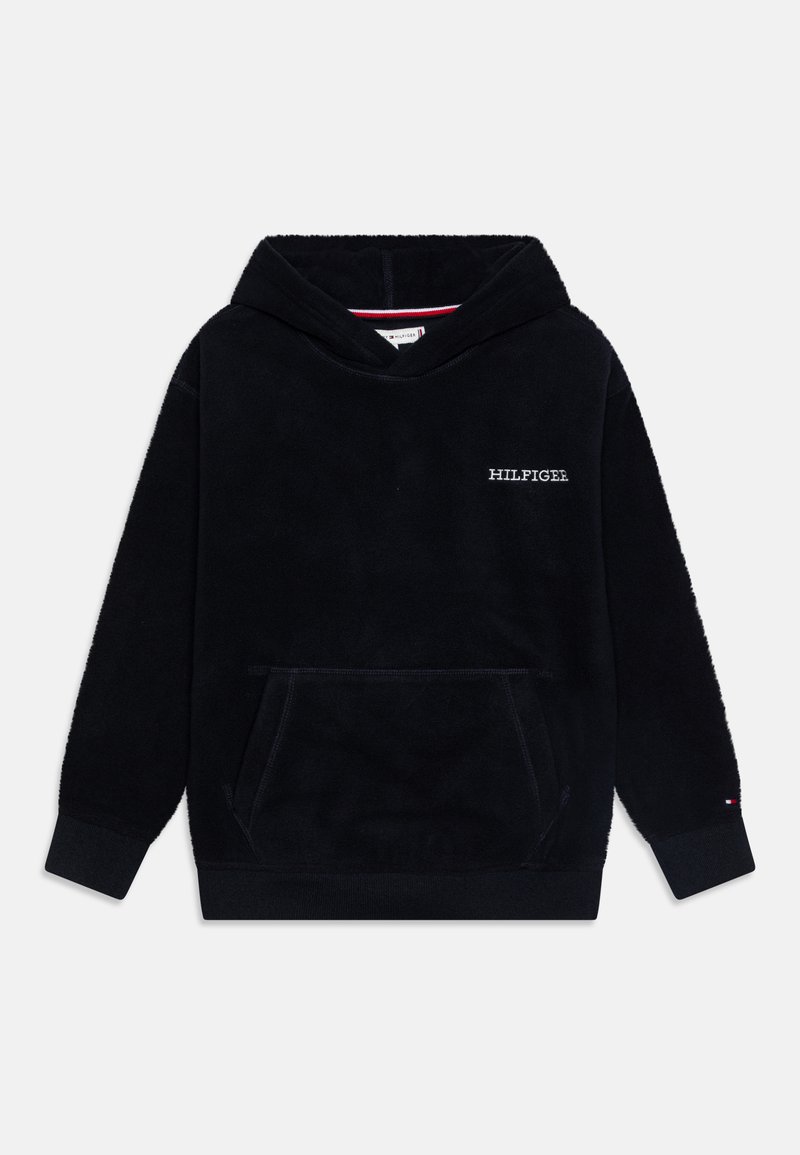 Hoodie en polaire noire avec une poche avant, logo brodé et poignets côtelés. Texture douce, design décontracté, avec une capuche doublée.
