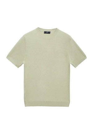 Hellgrünes T-Shirt mit kurzen Ärmeln, runder Ausschnitt, weicher Textur, minimalistisches Design und geradem Abschluss. Keine sichtbaren Muster oder Akzente.