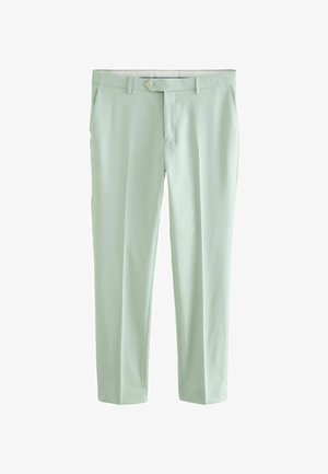 Pantaloni verzi deschiși cu o textură netedă, croi drept și buzunare frontale. Au un sistem de închidere cu nasture și passanti pentru curea.