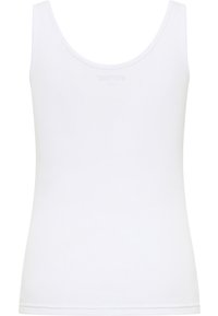 Witte tanktop met een geribbelde structuur, voorzien van dunne bandjes en een ronde halslijn. De stof lijkt zacht en rekbaar. Geen zichtbaar merkimago.