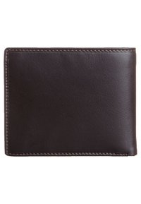 Portefeuille en cuir marron avec une texture lisse, de forme rectangulaire et des coutures contrastées le long des bords. Design minimaliste sans matériel visible.