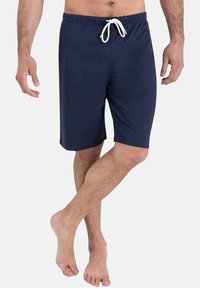 Shorts en coton bleu marine avec une taille élastique et un cordon de serrage blanc, présentant une coupe droite et une longueur jusqu'aux genoux.