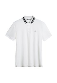 Biała koszulka polo z czarno-białym paskowanym kołnierzykiem, krótkimi rękawami i małym czarnym logo po lewej stronie klatki piersiowej. Wykonana z gładkiej tkaniny.