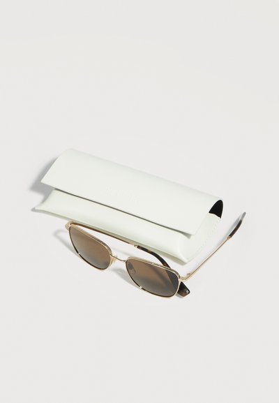 Ορθογώνια γυαλιά ηλίου με καφέ απόχρωση και λεπτά χρυσά πλαίσια, που βρίσκονται δίπλα σε μια κλειστή λευκή θήκη γυαλιών ηλίου πάνω σε λευκή επιφάνεια.