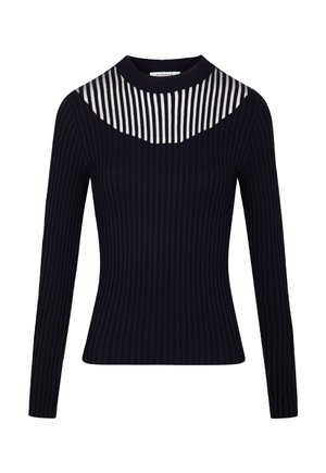 Maglione a coste navy con maniche lunghe. Presenta un colletto trasparente a righe che contrasta con il tessuto solido, creando un design moderno.