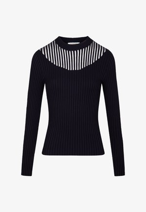 Merinovärinen ribbipaita pitkillä hihoilla. Ominaisuudet läpinäkyvästä raidoitetusta kaula-aukosta, joka kontrastoi kiinteän kankaan kanssa, luoden modernin muotoilun.