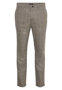 Beige rutiga byxor med slim fit, med knäppning, framfickor och en mjuk textur. Distinkt rutmönster genom hela plagget.