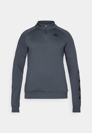 Sudadera de color gris oscuro con cierre de cuarto de cremallera, puños acanalados y logo negro en el pecho. Textura suave y diseño deportivo.