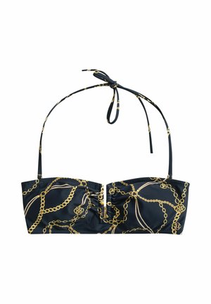 Zwart bandeau-bikinitopje met een patroon van gouden kettingen en touwen, voorzien van een inzetstuk in het midden en een nekband met strik.