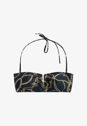 Zwart bandeau-bikinitopje met een patroon van gouden kettingen en touwen, voorzien van een inzetstuk in het midden en een nekband met strik.