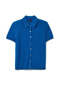Polo a maniche corte blu realizzato in tessuto knit. Presenta un colletto e sei bottoni frontali, con una texture liscia e un design aderente.