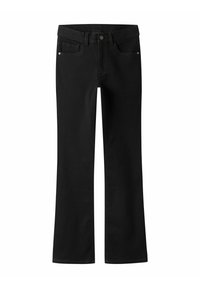 Jean en denim noir avec une coupe droite, comprenant des poches avant, une fermeture à bouton et des détails de couture subtils.