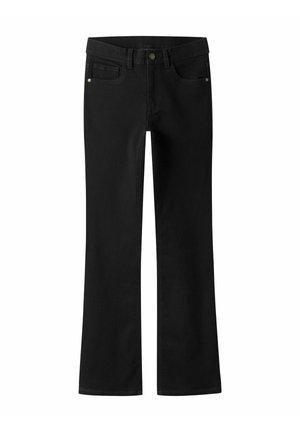 Jean large noir en denim avec fermeture à bouton, cinq poches et détails de surpiqûres contrastantes.