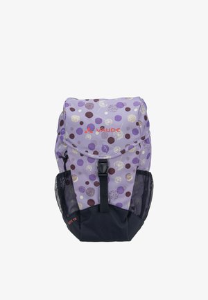 Purple backpack with multicolored circular patterns, front buckle strap, black bottom, mesh side pockets, and "VAUDE" logo in red.