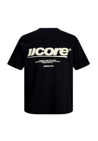 Zwart katoenen T-shirt met korte mouwen, voorzien van dikke witte tekst op de achterkant: "jjcore" en aanvullende merkinformatie in kleinere letters.