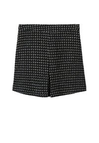 Shorts noirs présentant un design texturé avec un motif en grille, une taille élastique et une coupe ajustée pour une apparence structurée.