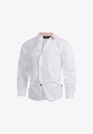 Bijela košulja koja se zakopčava s teksturiranim materijalom. Sadrži kontrastne uzorke na kragnama i manžetama. Dugi rukavi s gumbima na manžetama.