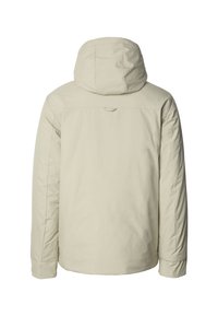 Beige insulated jacket with a hood, smooth texture, and long sleeves. Features a back vent and minimalistic design without visible hardware.