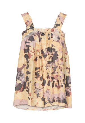 Beleivis suknelė su susirinkusia krūtine. Pasižymi akvarele tapytu abstrakčiu raštu geltonos, rožinės ir juodos spalvų. Pagaminta iš lengvos medžiagos.