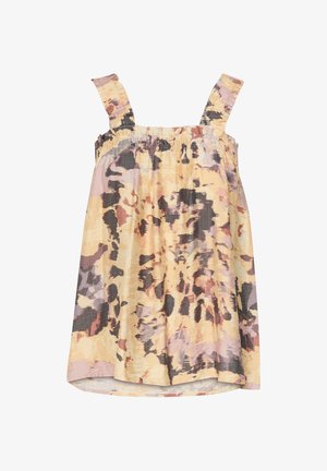 Särgis kuivade õlgadega kleit, millel on kokku pandud tünnis. Omab veepõhist abstraktset mustrit kollases, roosas ja mustas värvitoonis. Valmistatud kergest kangast.