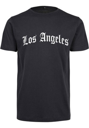Svart bomull T-skjorte med hvit gotisk stil-print som leser "Los Angeles" over framsiden. Korte ermer og rund hals.