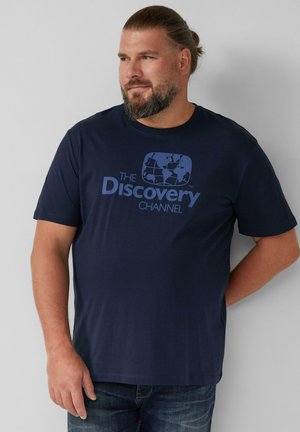 Marineblaue Baumwoll-T-Shirt mit dem Logo "The Discovery Channel" in Hellblau. Kurze Ärmel, runder Halsausschnitt und lässige Passform.