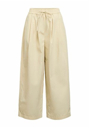 Pantaloni bej cu picioare largi, cu talie elastica si snur frontal, avand pliuri pentru volum suplimentar si croiala lejera.