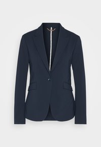 Navy Blazer aus glattem Stoff, mit einem einzigen Knopf, Reverskragen und zwei Vordertaschen. Saubere, taillierte Silhouette.
