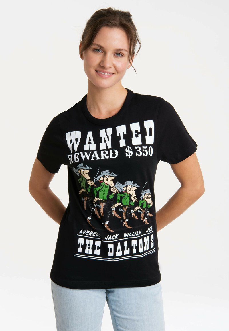 Black cotton t-shirt featuring a "WANTED" graphic with cartoon figures and text, short sleeves, and a crew neck design.
