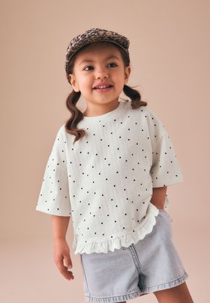 Next, REGULAR FIT - SHORT SLEEVE FRILL HEM TOP  . - T-shirt imprimé - ecru white mono spot