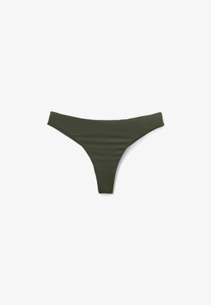 Bas de bikini femme vert foncé avec une ceinture étroite et une couverture minimale sur fond blanc.