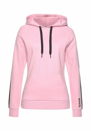Pink hoodie with black drawstrings, front pocket, and black stripes on sleeves. "Bench." logo on left sleeve, ribbed cuffs and hem.