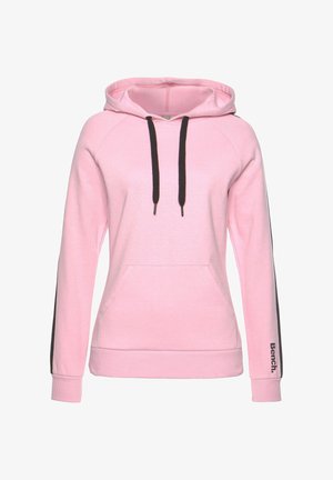 Roze hoodie met zwarte trekkoorden, voorzak en zwarte strepen op de mouwen. "Bench." logo op de linkermouw, ribgebreide manchetten en zoom.
