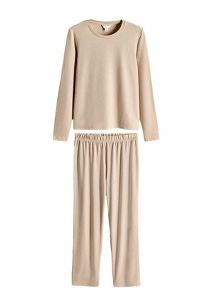 Beige long-sleeve top and matching pants set, made from soft, stretchy fabric. Features a round neckline and elastic waistband for comfort.