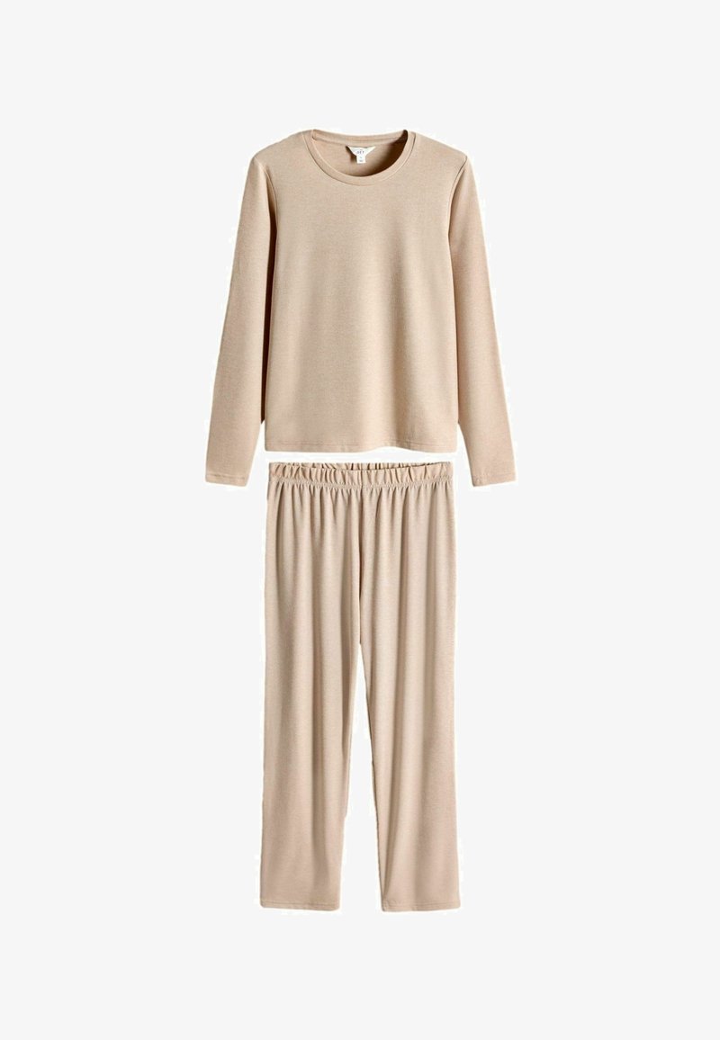 Beige lange mouwen top en bijpassende broekset, gemaakt van zachte, rekbare stof. Heeft een ronde halslijn en een elastische tailleband voor comfort.