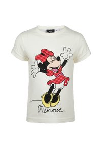 White short-sleeve kids’ t-shirt featuring Minnie Mouse in a red polka-dot dress and bow, yellow shoes, and "Minnie" text below.