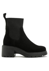 Black ankle boots with a ribbed fabric upper, suede finish, chunky rubber sole, and pull tab at the back for easy wear.